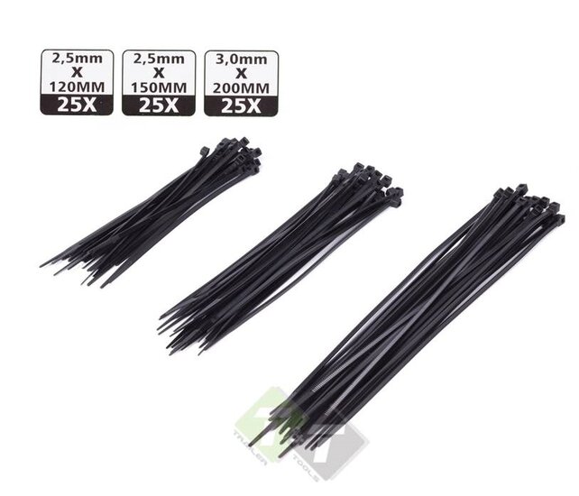 Kabelbinders, tiewraps 75 delig, maten 100, 120 en 200mm, Arrow-Tech