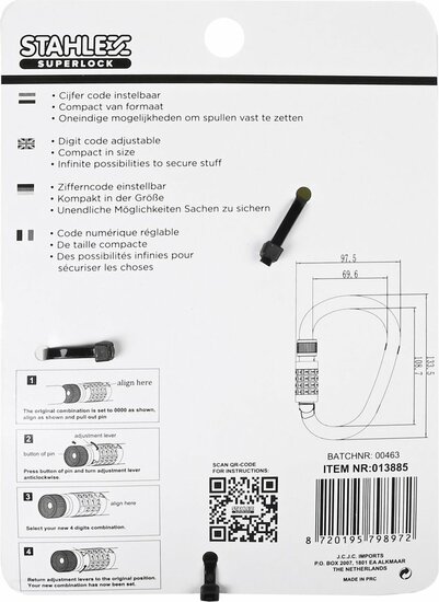 Kabelslot met karabijnhaak en cijferslot - Staalkabel slot - 4x1800 mm - Fietsslot - Stahlex