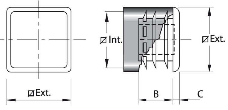 Vierkant insteekdop - 16x16mm - Lichtgewicht geribbelde eindkap - Inslagdop - Kunststofdop