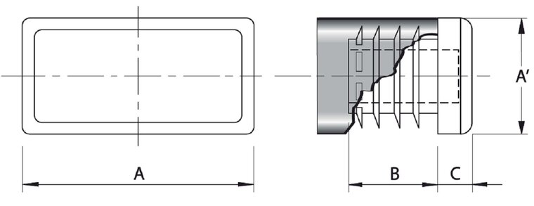 Rechthoek insteekdop - 60x30mm - 10 stuks - Standaard geribbelde eindkap - Inslagdop - Kunststofdop (AANH-07168).
