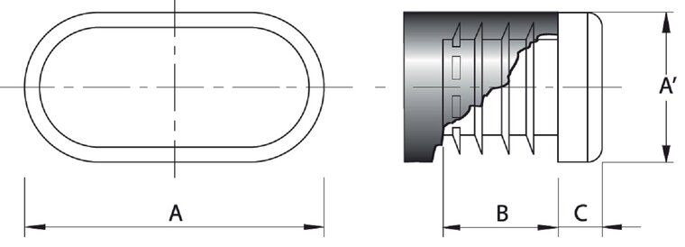 Ovale insteekdop - 20x40mm - 20 stuks - Vlak geribbelde eindkap - Inslagdop - Kunststofdop