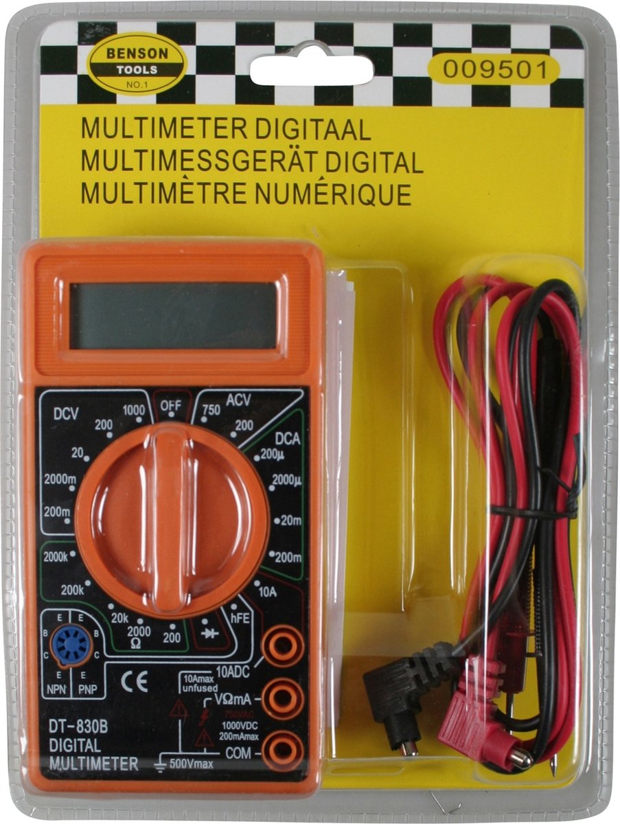 Multimeter digitaal, 0 tot 10A DC, 0 tot 20A AC, 0 tot 1000V DC, 0 tot 750V AC