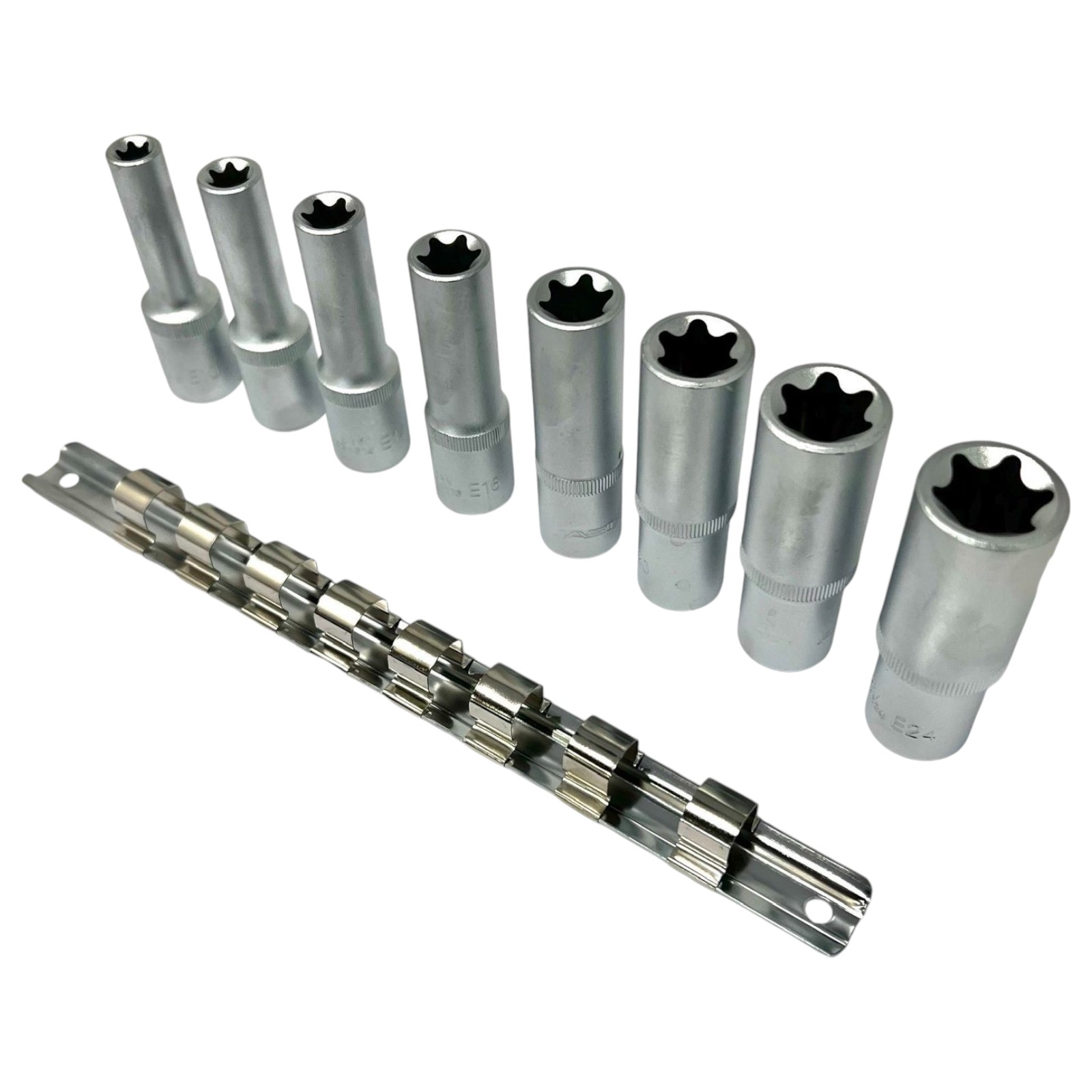 E-Torxdoppen set met doppenrail - 8 delig - 1/2'' - Inwendige torxdoppen - Torx dop - ASTA